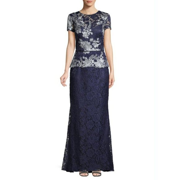 JS Collections Blue Gray Lace Peplum Gown Formal Gown Mother of Bride MOB Dress - Picture 1 of 16